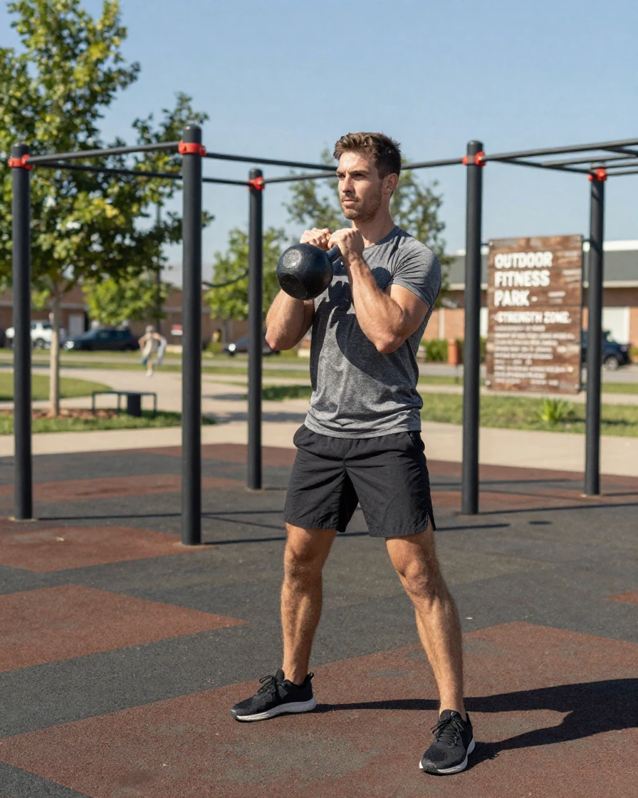 A man doing a kettlebell workout in an outdoor fitness park.