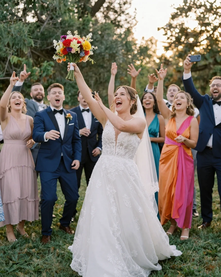 A bride throwing her bouquet to a group of excited guests.