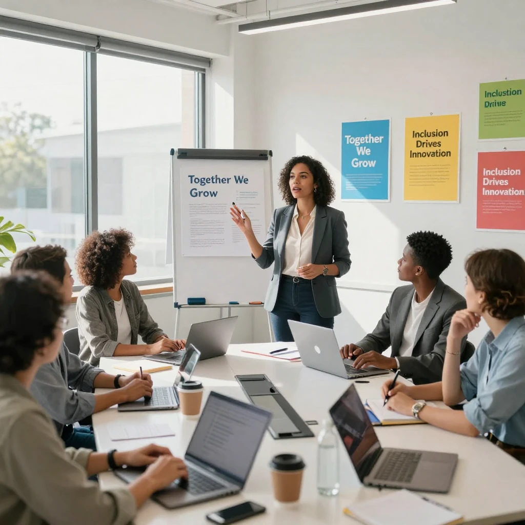 A woman leading a diversity and inclusion workshop in a bright conference room.