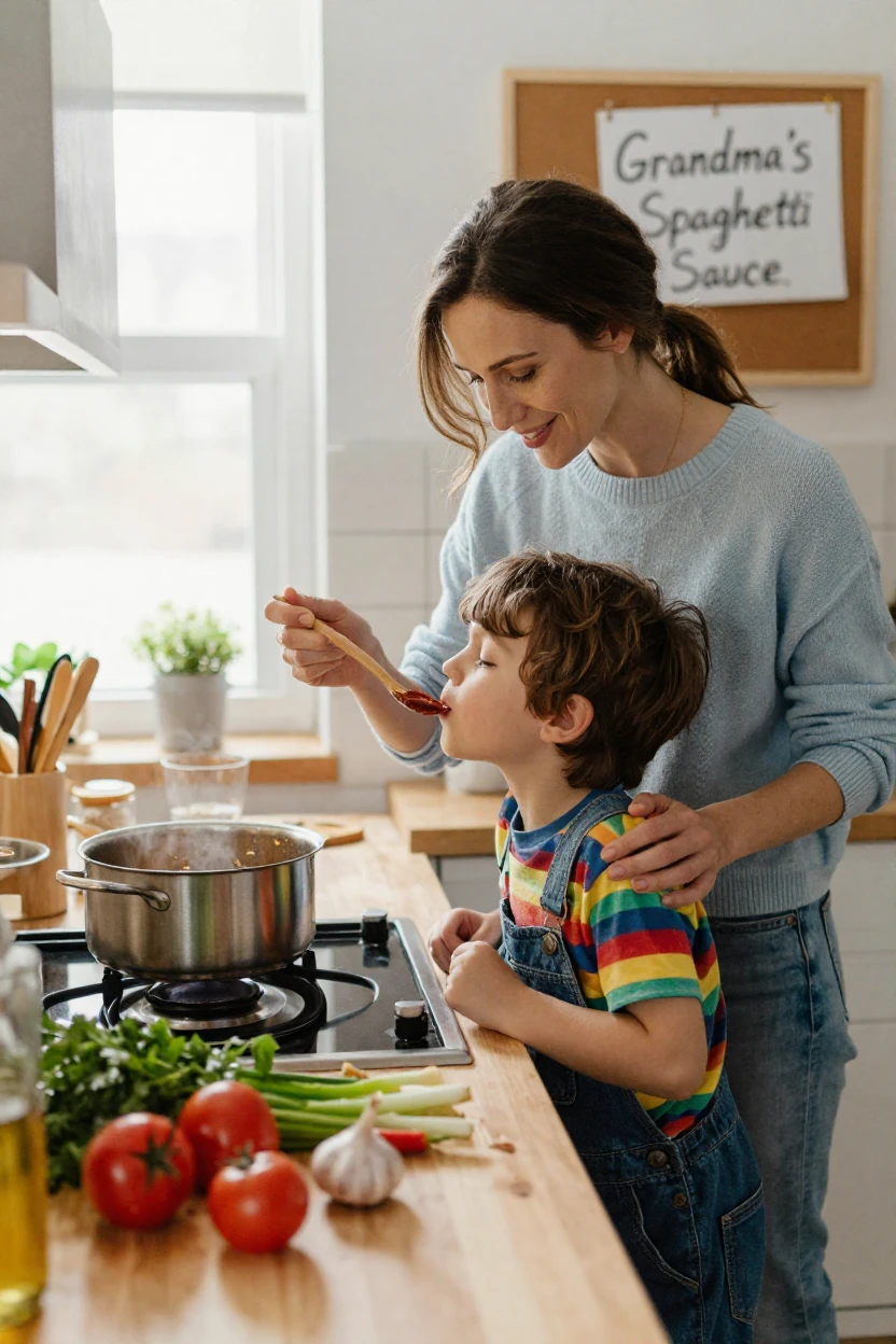 A mother and son cooking dinner together, tasting sauce from a wooden spoon.