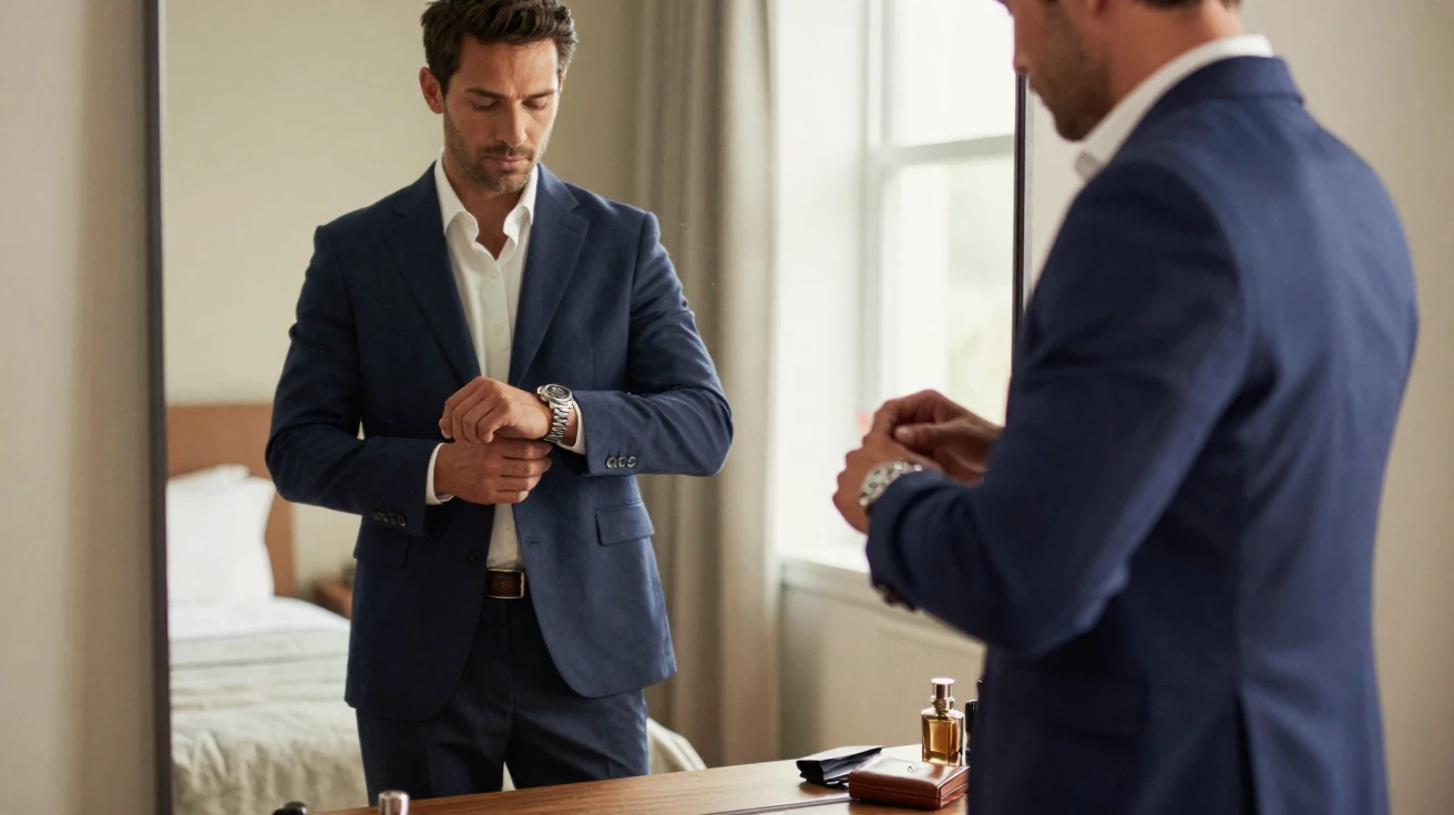 A man styling his outfit, adjusting his watch in front of a mirror.