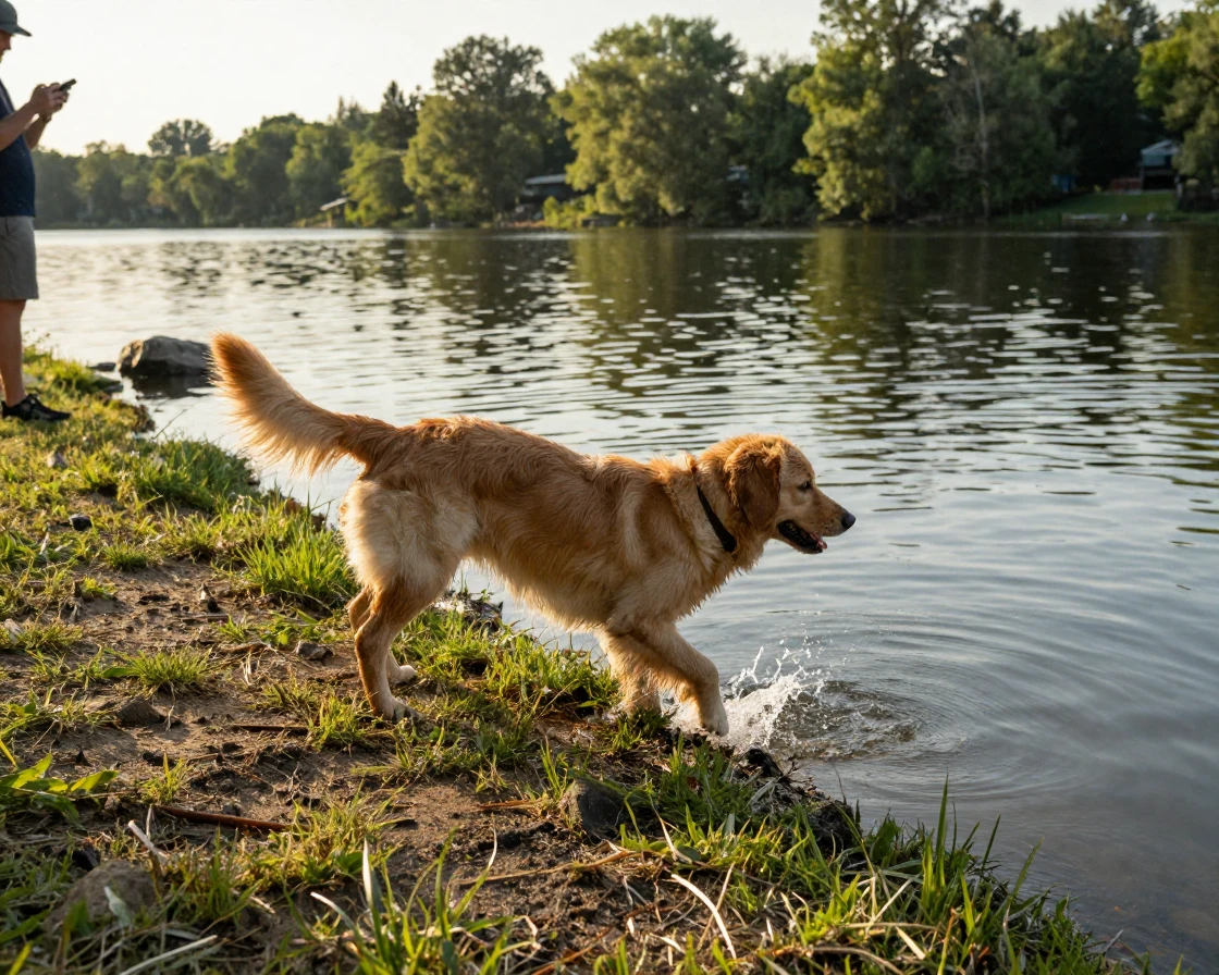 A dog standing at the edge of a lake before jumping in.