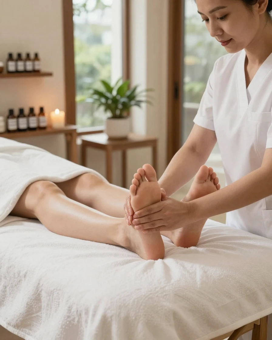 A woman getting reflexology foot massage treatment at a spa.