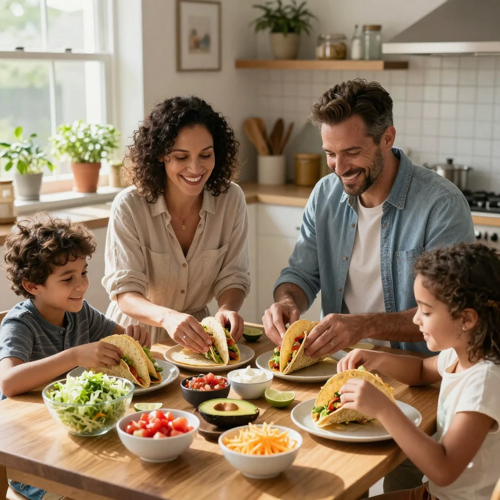 A family making tacos together, assembling their own at the table.