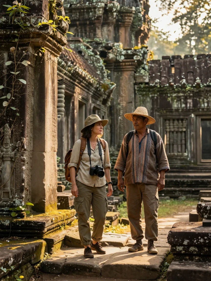 A traveler exploring ancient ruins with a local guide.