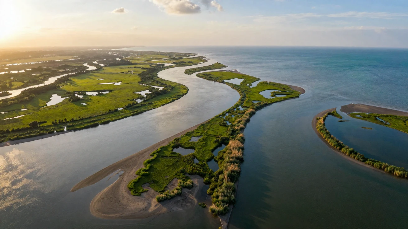 A wide shot of a river delta viewed from above, branching into the sea.