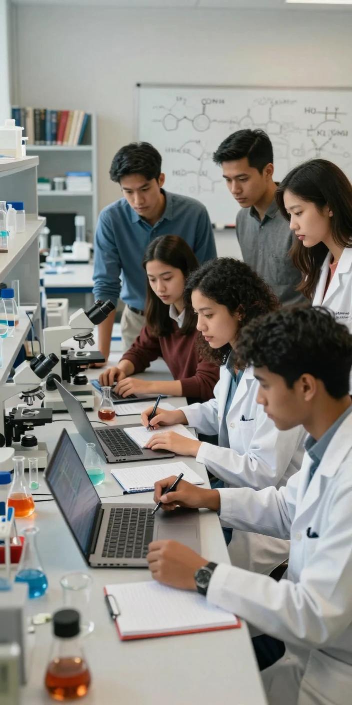 A group of graduate students working together in a research lab.