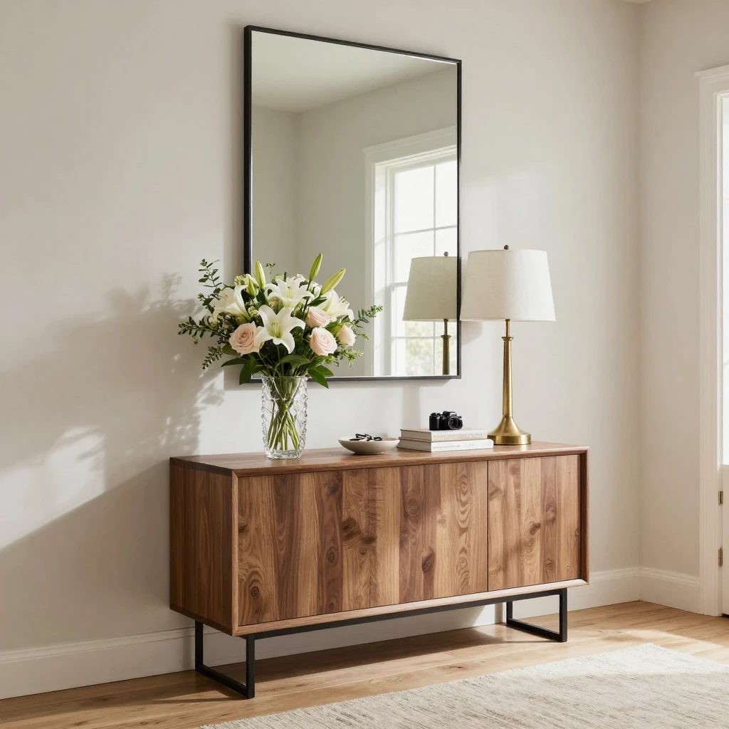 A staged entryway with a console table, mirror, and fresh flowers.
