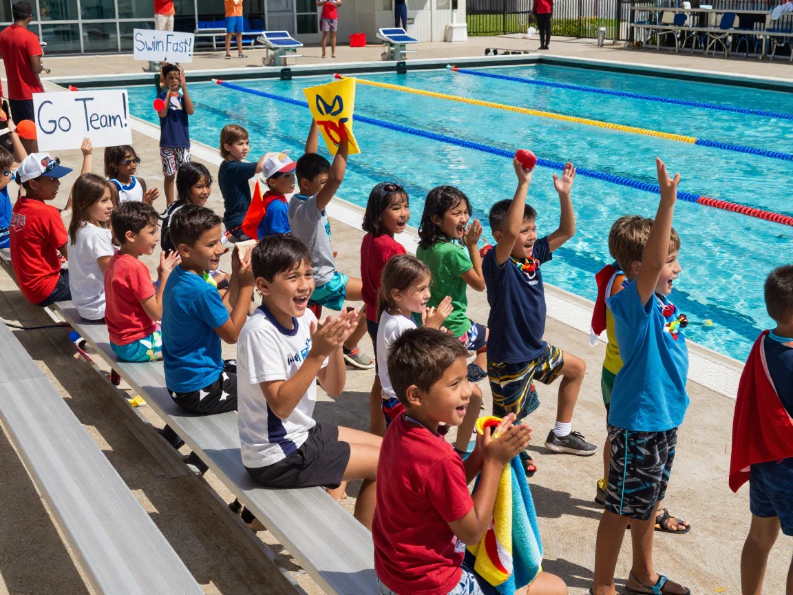 A group of kids at a swim meet cheering for their teammates.