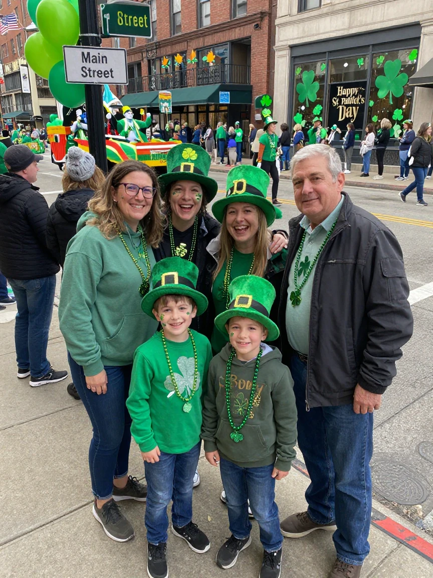 A family gathered for a festive St. Patrick's Day parade downtown.