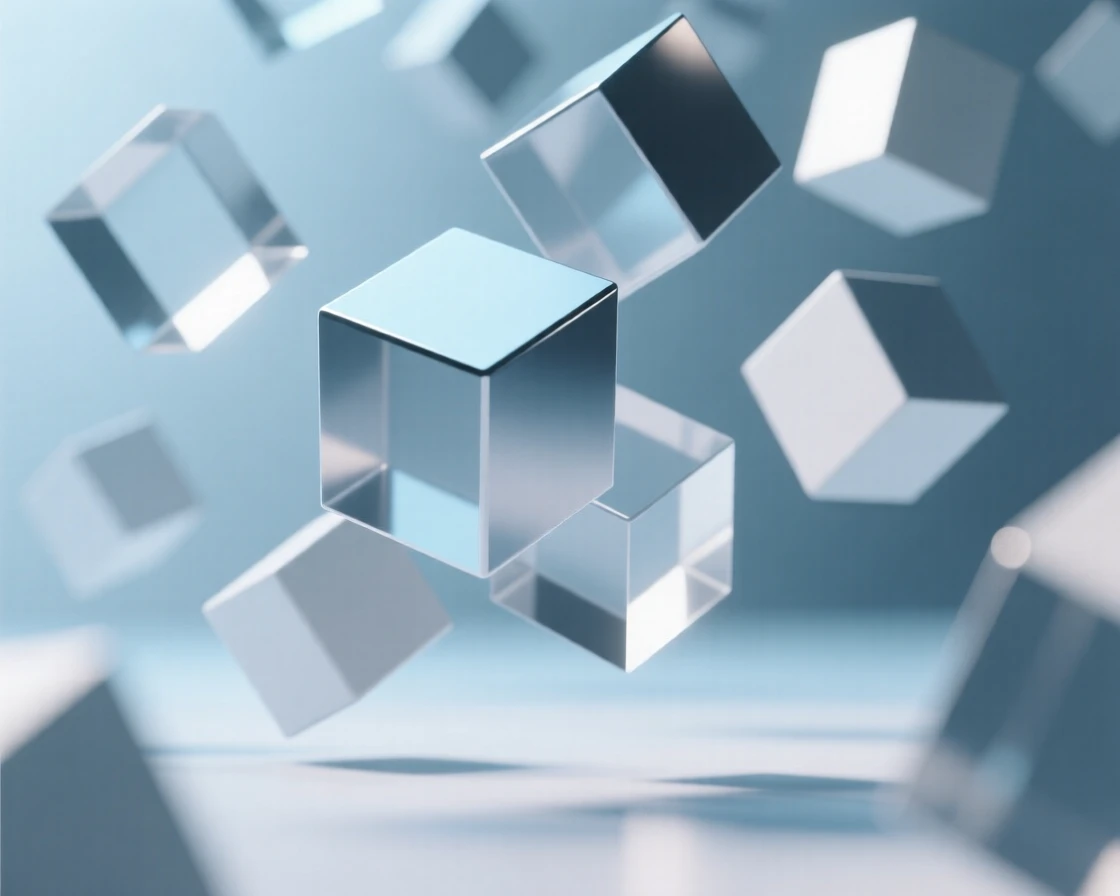 Abstract 3D render of floating cubes with soft shadow gradients.