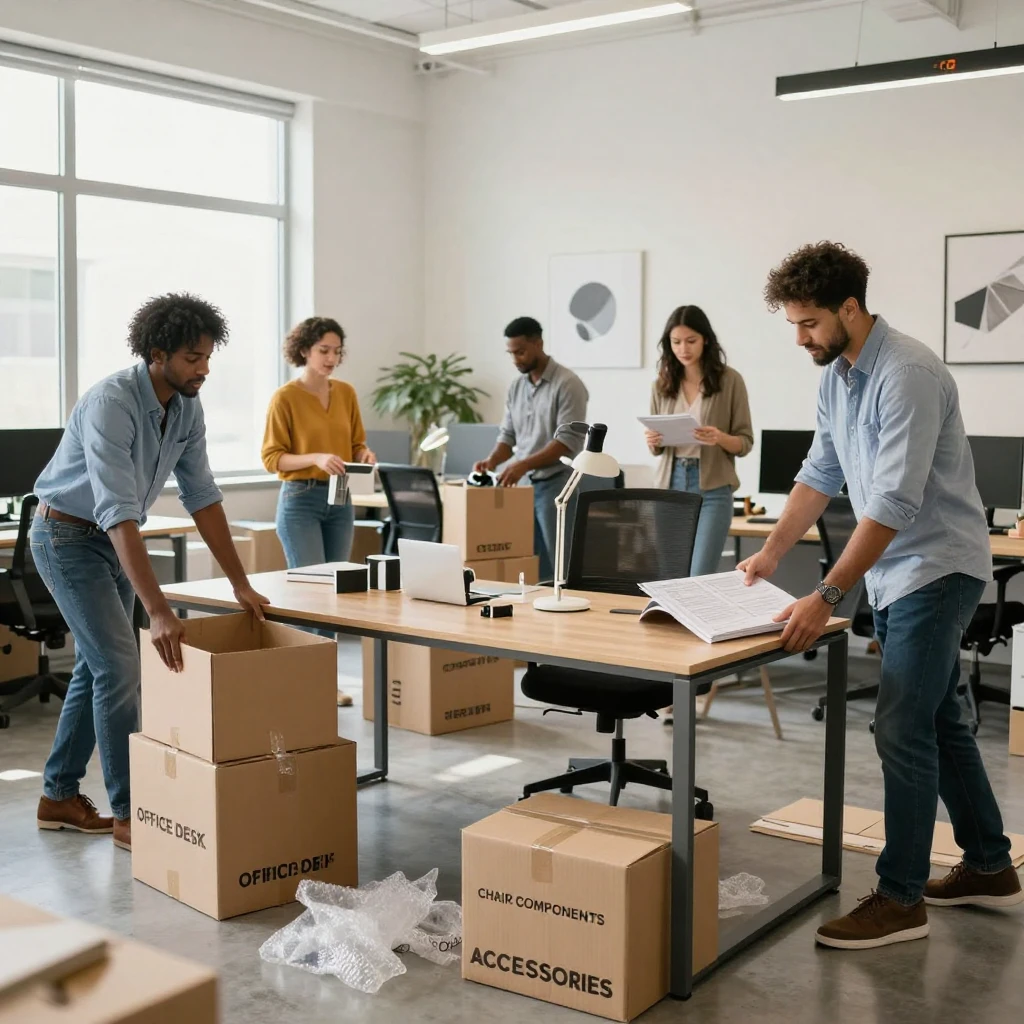 A group of employees unpacking new office furniture on moving-in day.