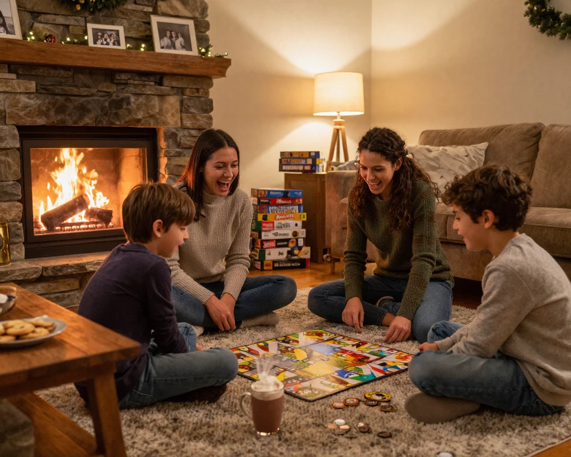 A family playing board games together on a cozy rug by the fireplace.