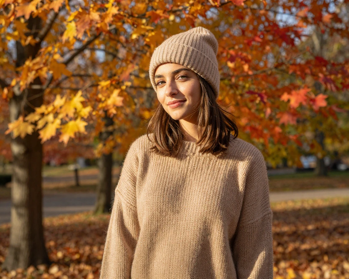 A woman posing outdoors in a cozy oversized sweater and beanie during autumn.