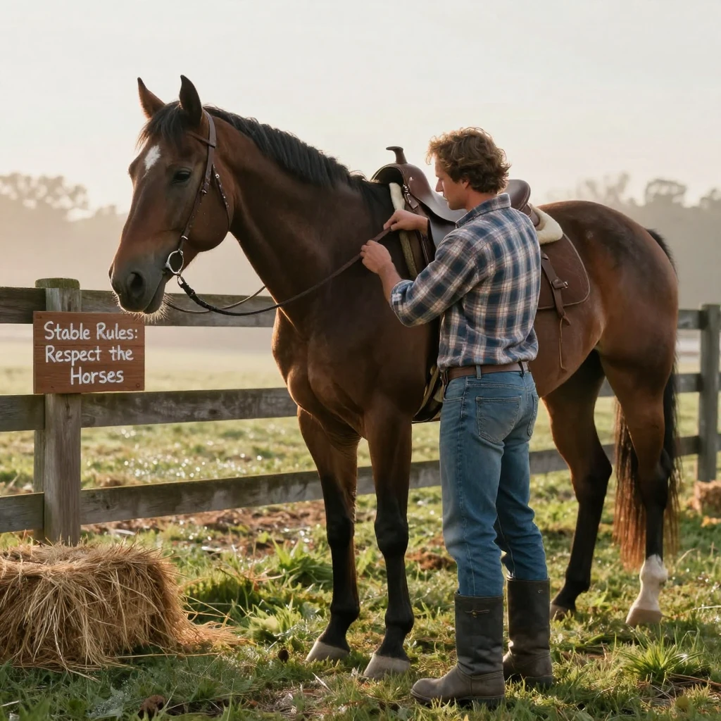 A stable hand saddling a horse before a morning ride.