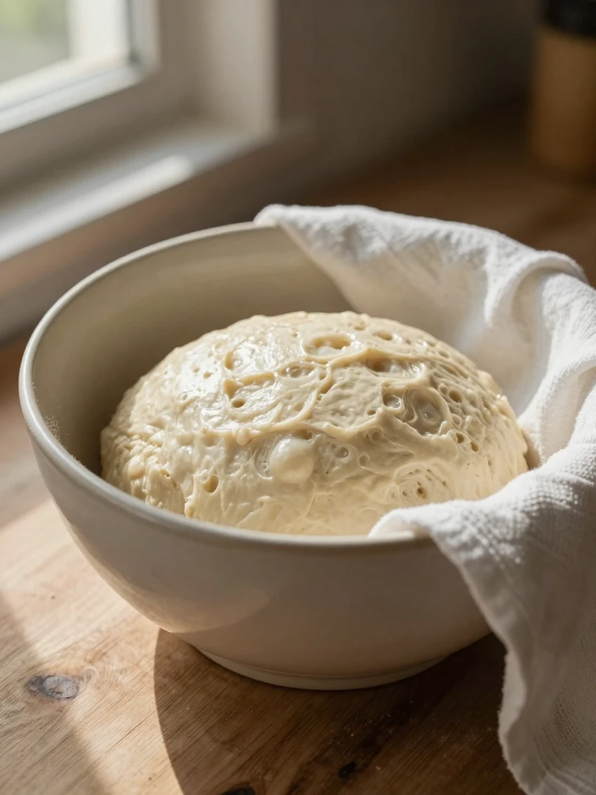A close-up of dough rising in a bowl covered with a cloth.