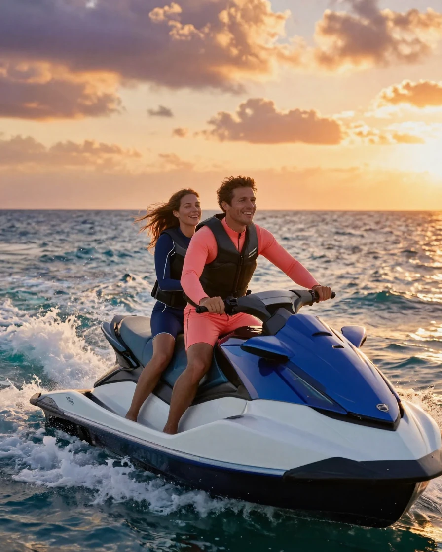 A couple riding jet skis across open ocean water.