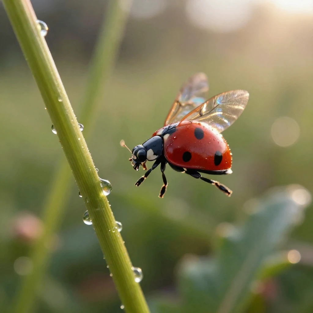 A close-up of a ladybug taking flight from a green stem.