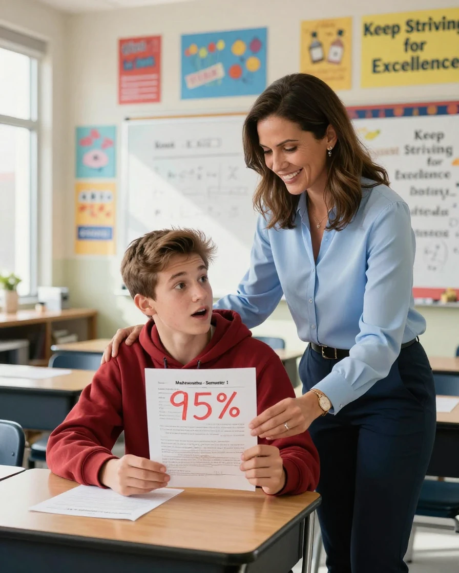 A teacher congratulating a student on an improved test score.