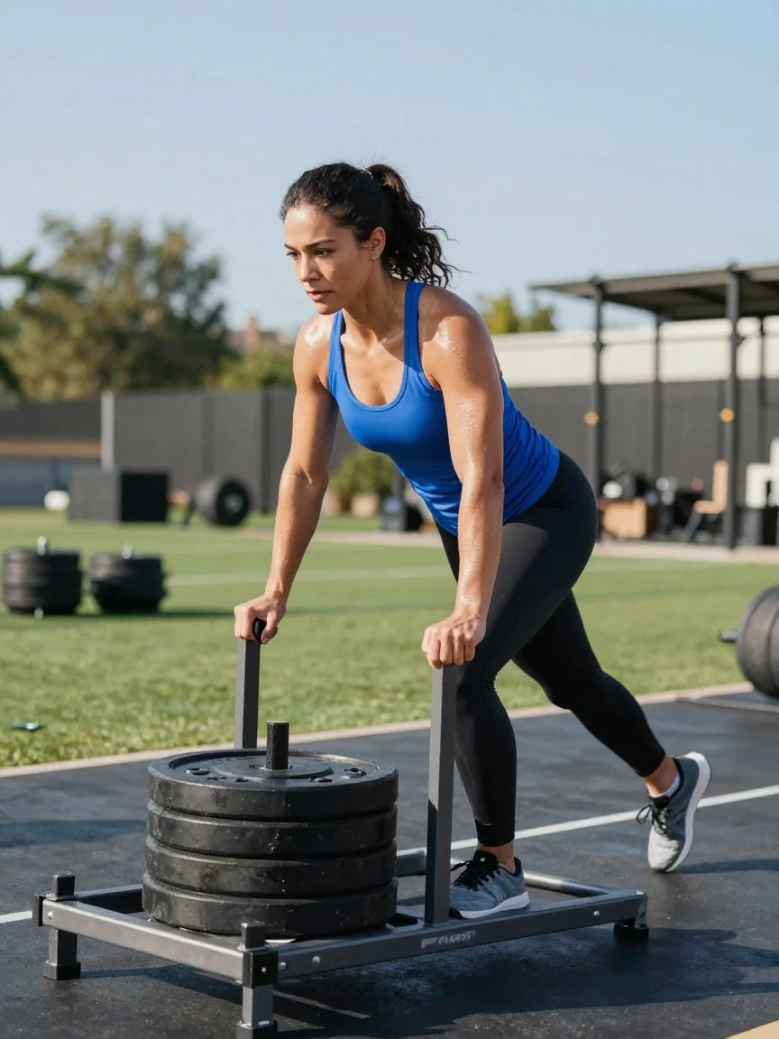 A woman doing a functional fitness workout with a sled push.
