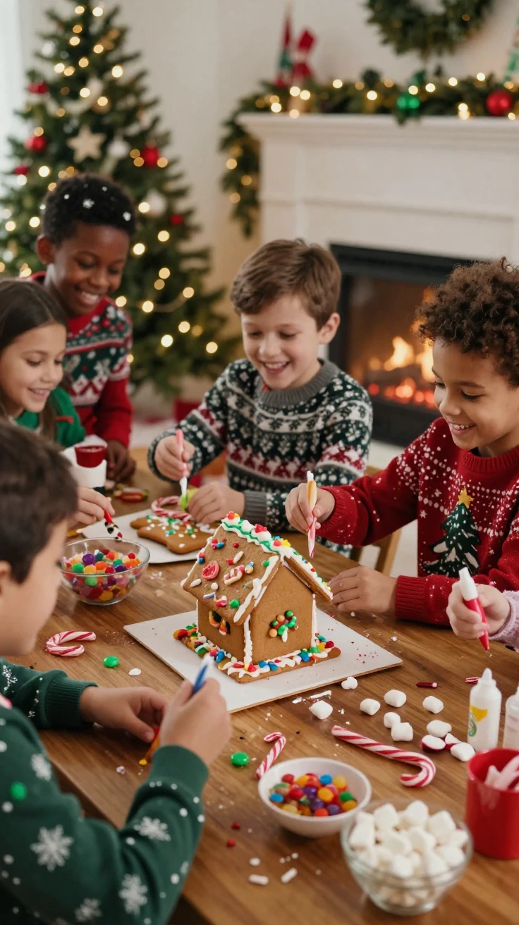 Children decorating a gingerbread house together at a holiday party.