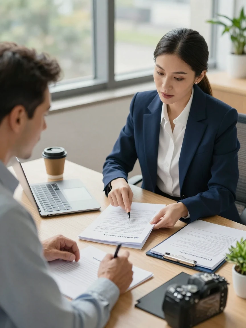 A businesswoman reviewing insurance policy documents with a client at her desk.
