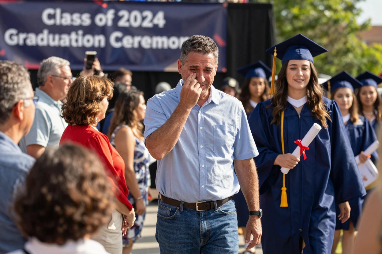 A father wiping tears of joy watching his daughter walk across a graduation stage.