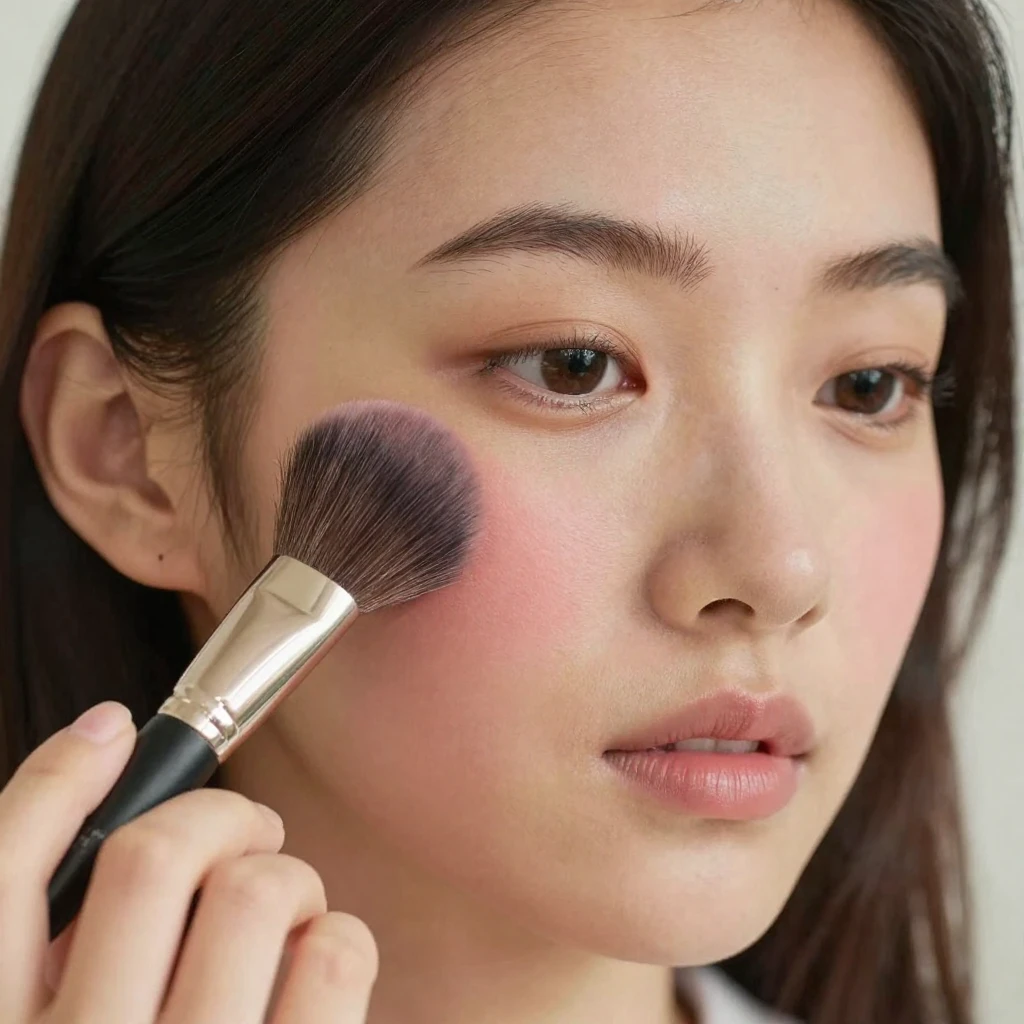A close-up of a woman applying blush with a fluffy brush.