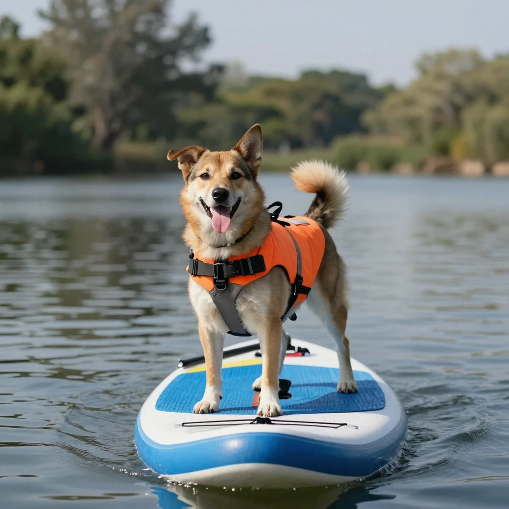 A dog wearing a life vest riding on a paddleboard.