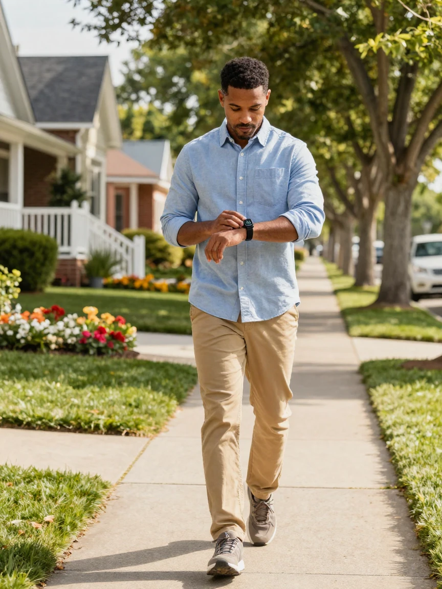 A man tracking his steps on a walk through a scenic neighborhood.