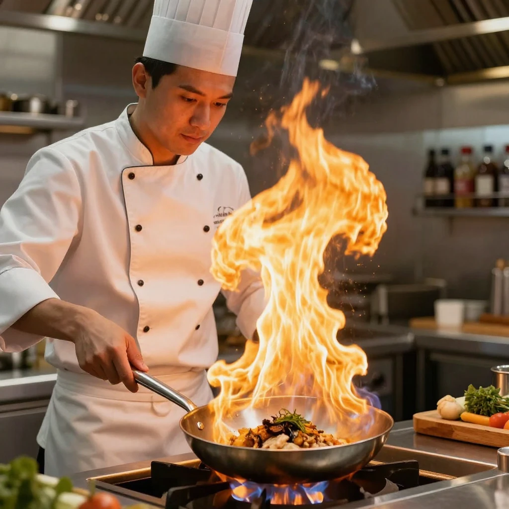A chef flambéing a dish in a pan with a burst of flame.