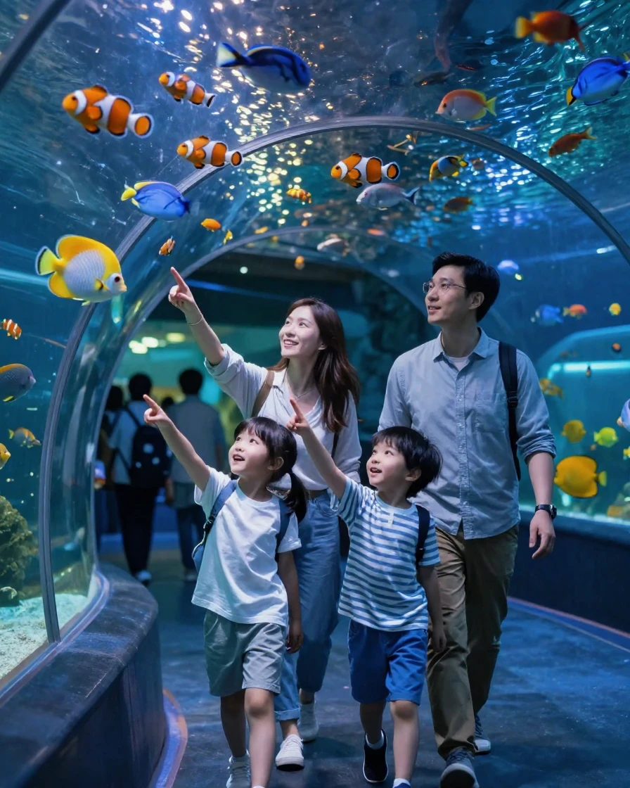 A family walking through an aquarium, pointing at colorful fish.