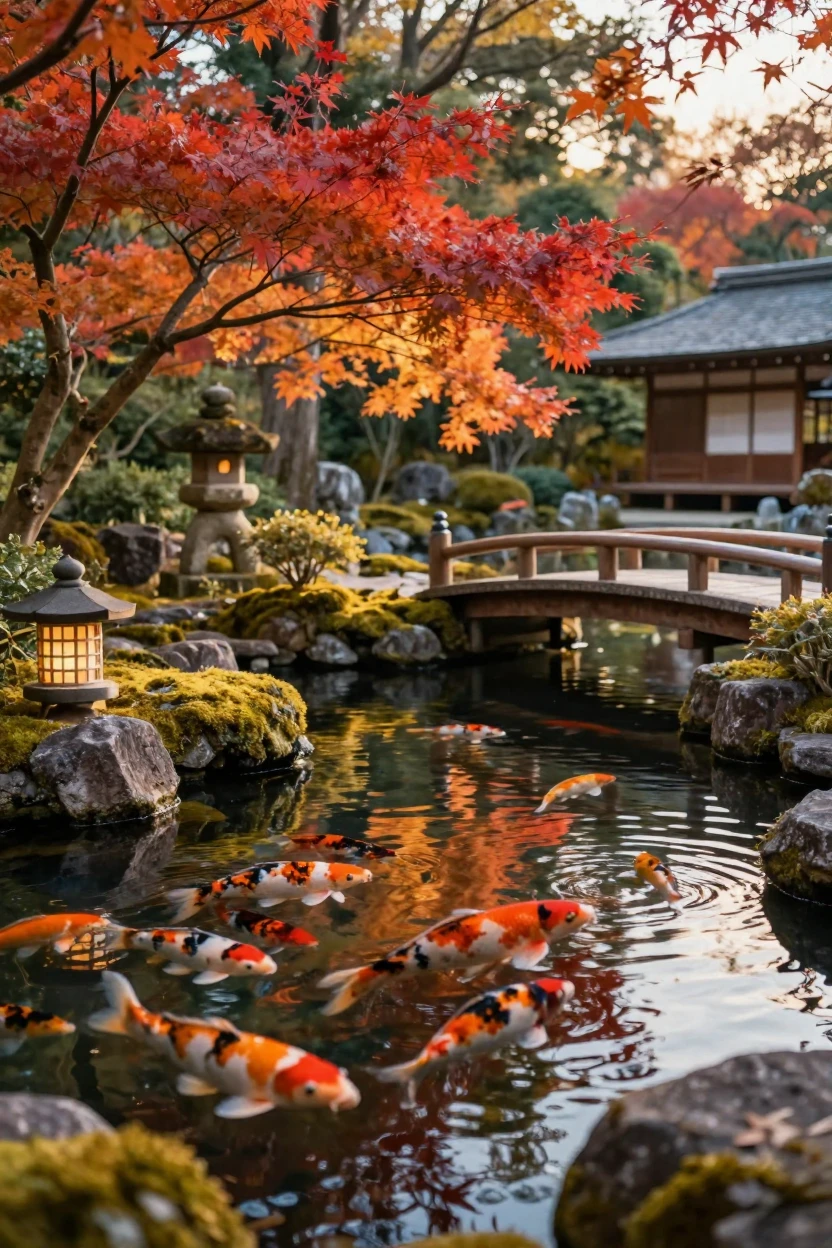 A tranquil Japanese garden with a koi pond and maple trees.