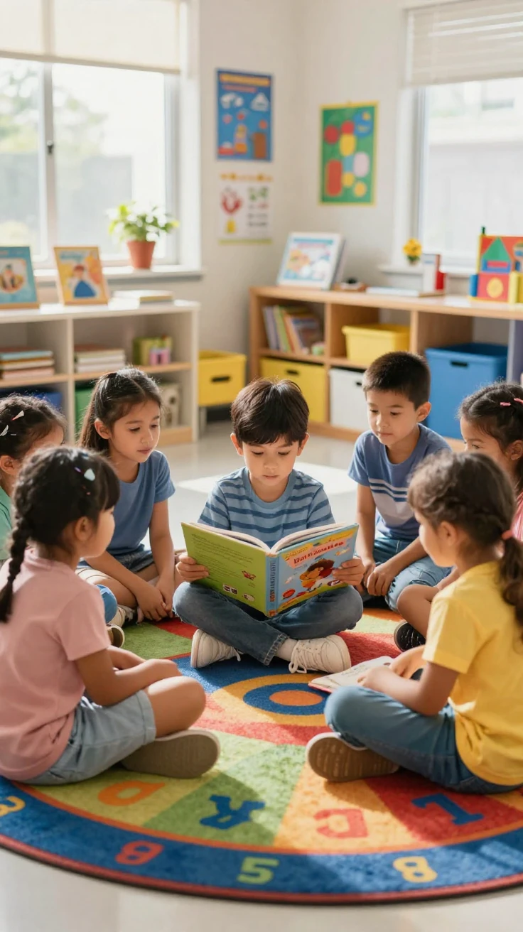 A group of children doing a group reading activity on a classroom rug.