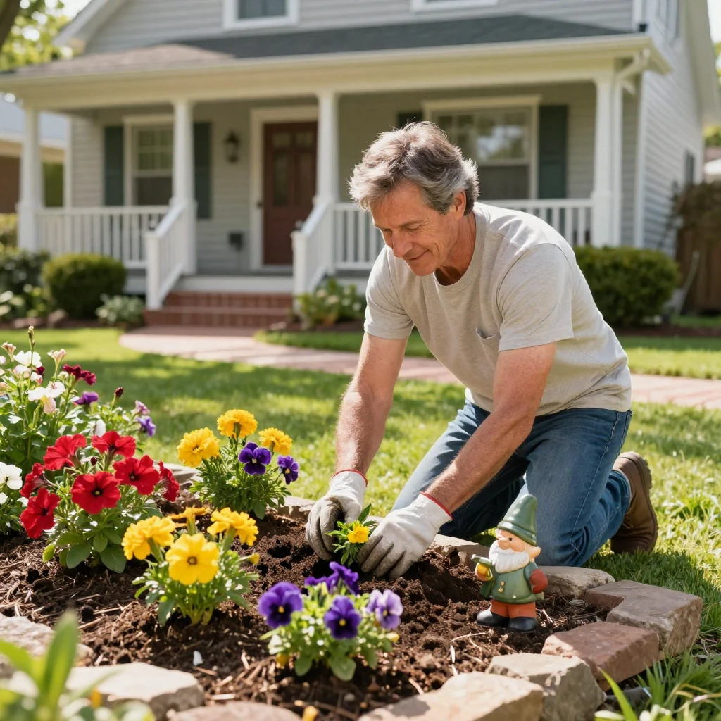 A homeowner planting flowers in the front garden bed.