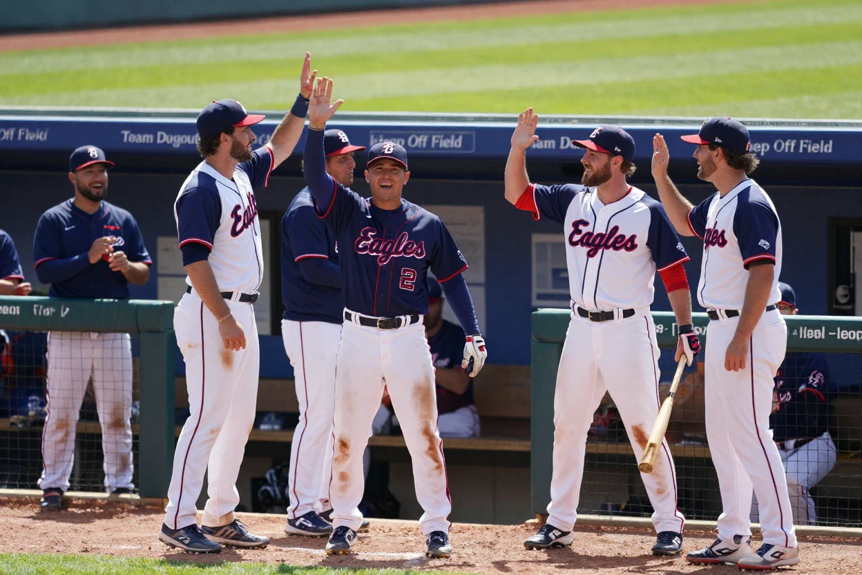 A baseball team celebrating a home run at the dugout.