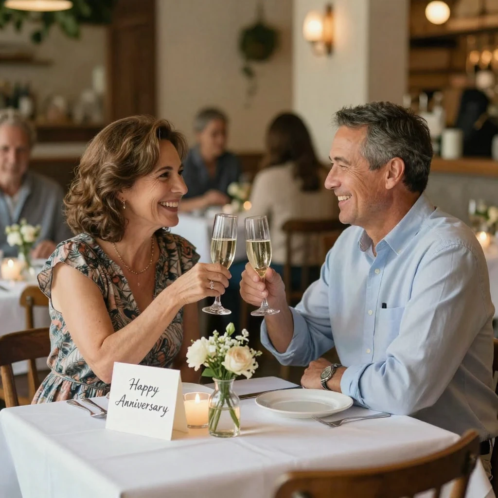A couple celebrating their wedding anniversary with a toast at a restaurant.