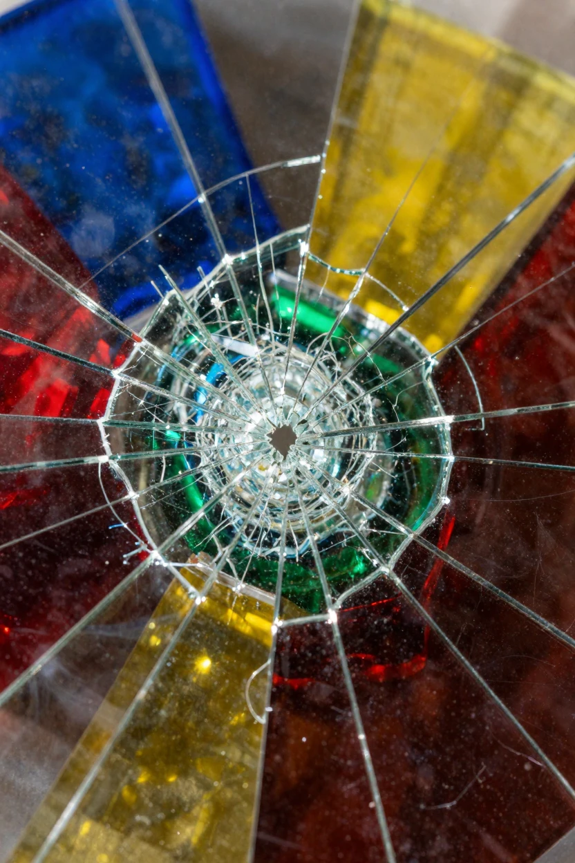 Close-up of a shattered glass texture catching colorful light.