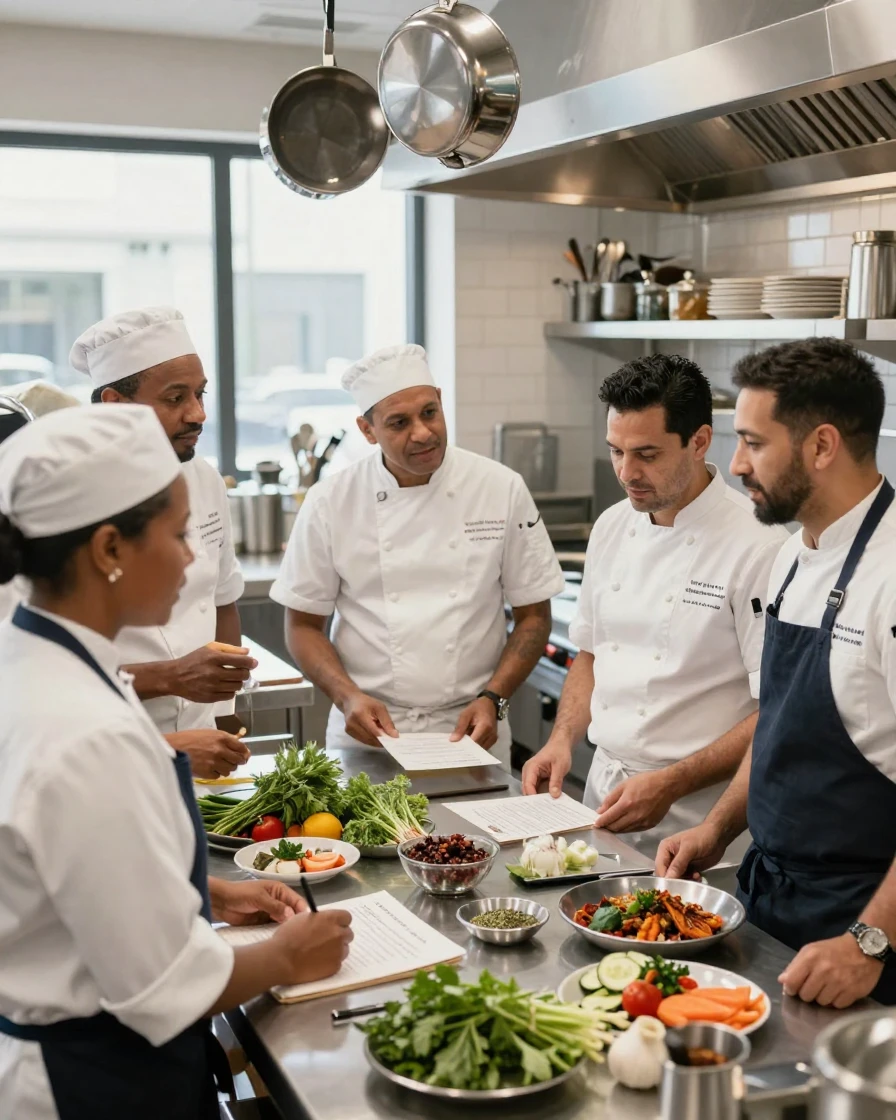 A team of chefs and a restaurant manager discussing the day's menu in a commercial kitchen.
