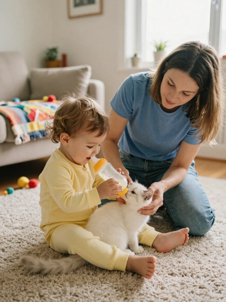 A toddler feeding a bottle to a family pet under a parent's supervision.