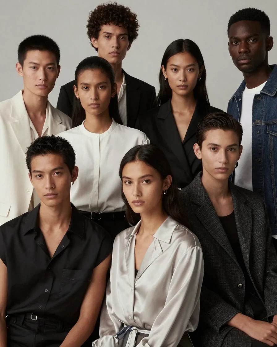A group of models posing together for a group editorial shot in monochrome outfits.