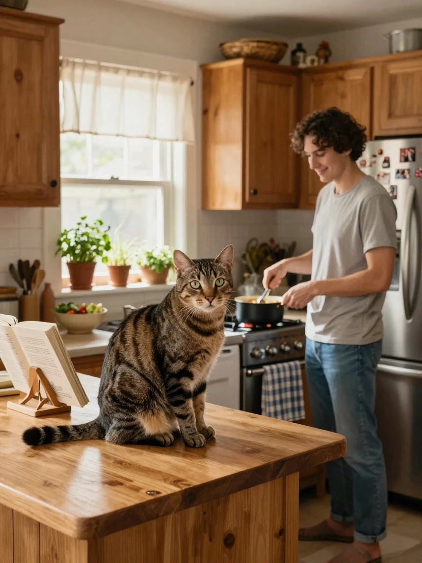 A cat sitting attentively watching its owner cook in the kitchen.