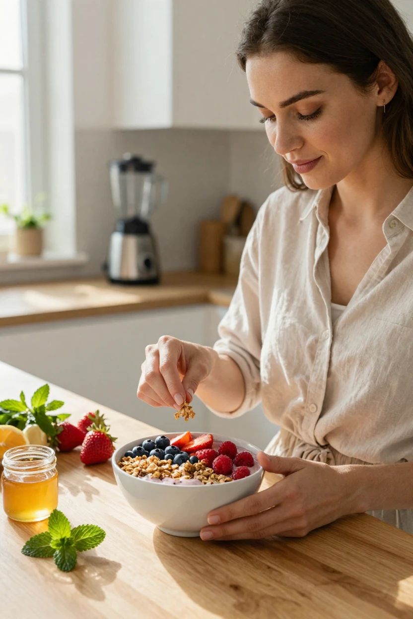 A woman preparing a smoothie bowl topped with granola and berries.