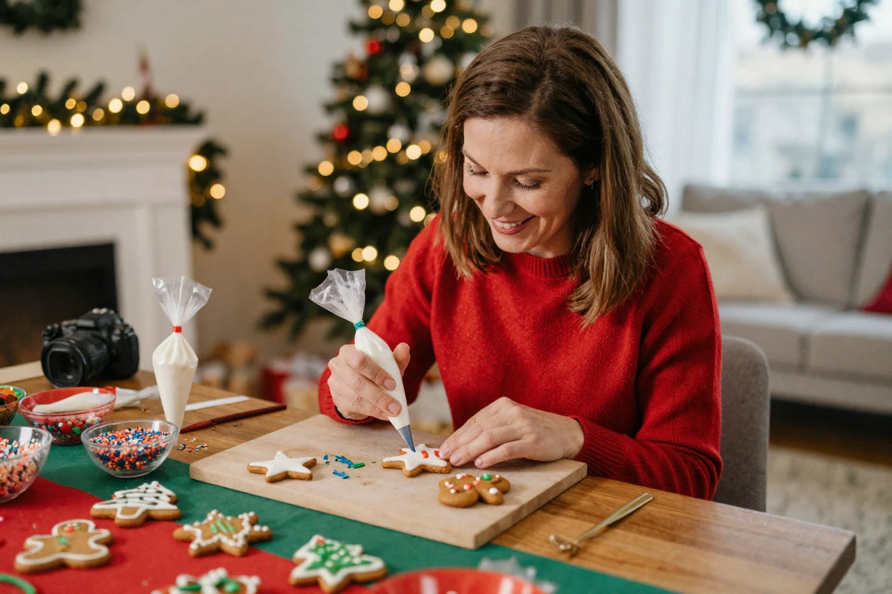 A woman decorating gingerbread cookies with icing at a holiday party.