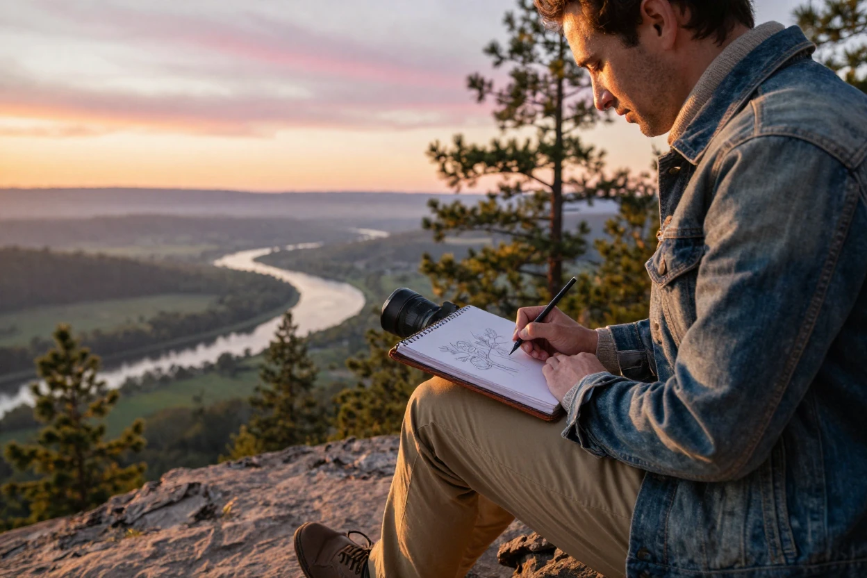 A solo traveler sketching a landscape from a scenic viewpoint.