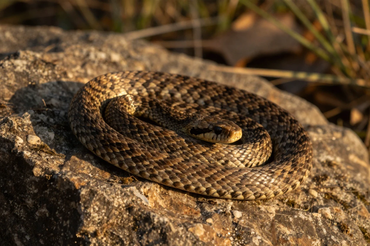 A close-up of a snake coiled on a sun-warmed rock.