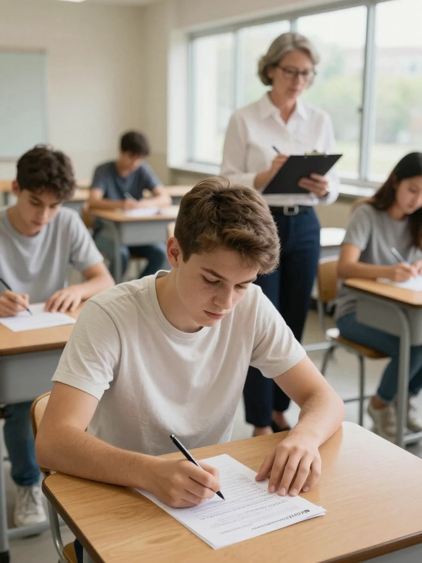 A student taking an exam with a proctor walking through the room.