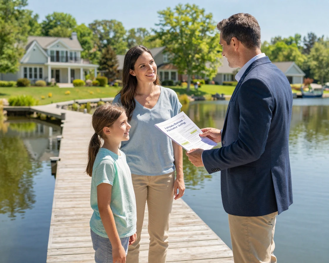 A family touring a lakefront property with a real estate agent.