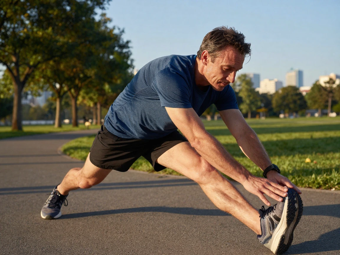 A man doing a stretching cooldown after a long-distance run.