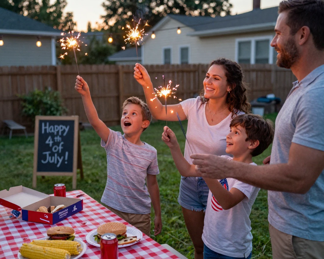 A family setting off firework sparklers to celebrate a special occasion.